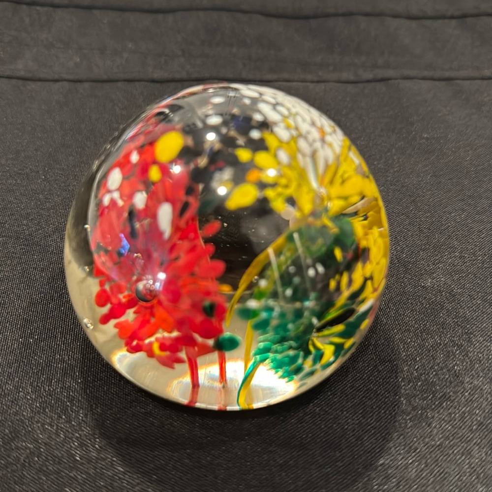 Vintage Murano Art Glass Paperweight Multicolor Floral 3 Flower 2.5 Inches